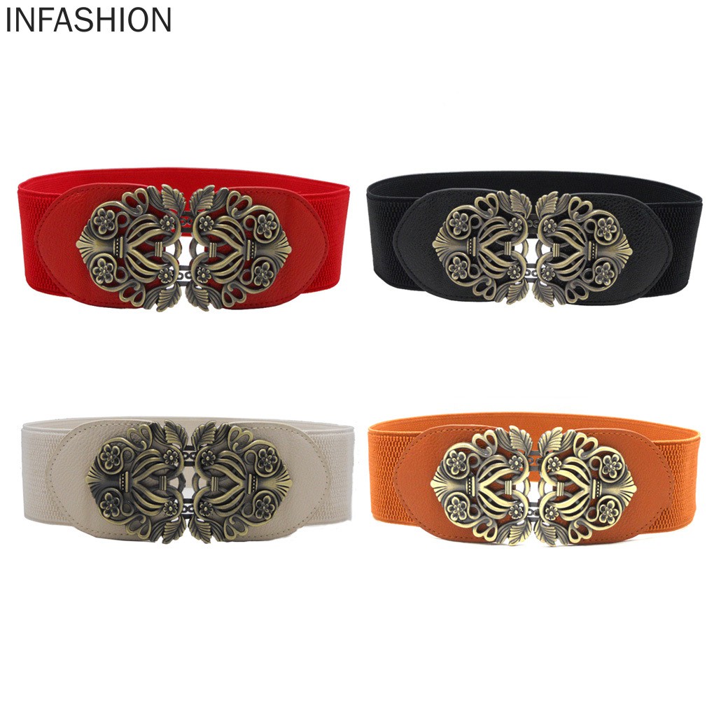 Thắt lưng da bản to khóa kim loại hình hoa cách điệu phong cách vintage thời trang cho nữ