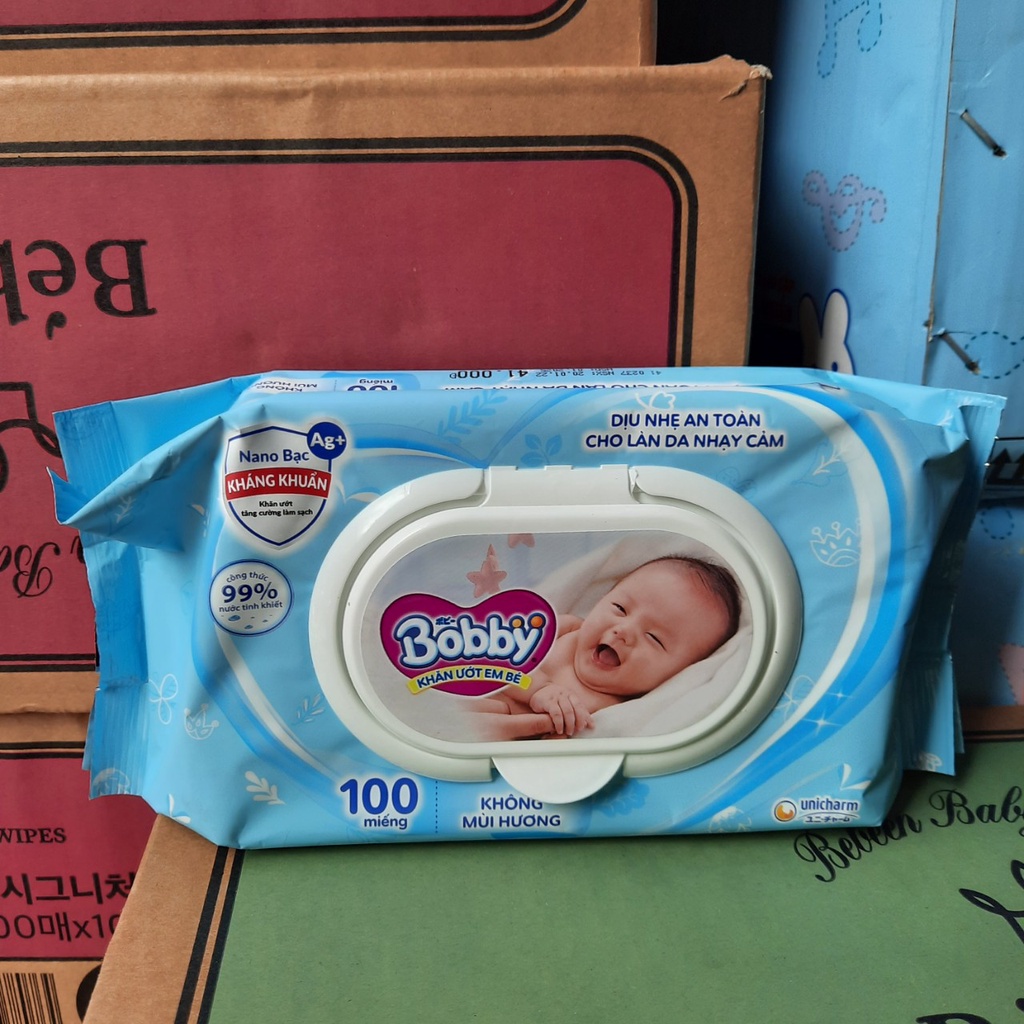 Combo 4 gói khăn ướt em bé bobby không mùi 100 miếng, khăn ướt bobby an toàn cho bé 100 tờ