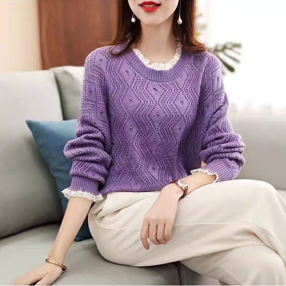 Áo len nữ phom dáng rộng chất dày cổ tròn pha ren chui đầu phong cách Hàn