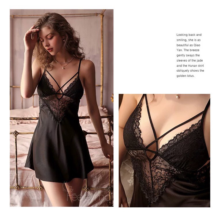 Váy ngủ lụa sexy, gợi cảm phổi ren ngực, dây chéo độc đáo - Hàng Quảng Châu cực hot 2022 - Queen.Sexy - VN51