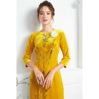 Áo dài nữ đẹp FREESHIP áo dài truyền thống nhung cài hoa cực đẹp [ao dai nhung]