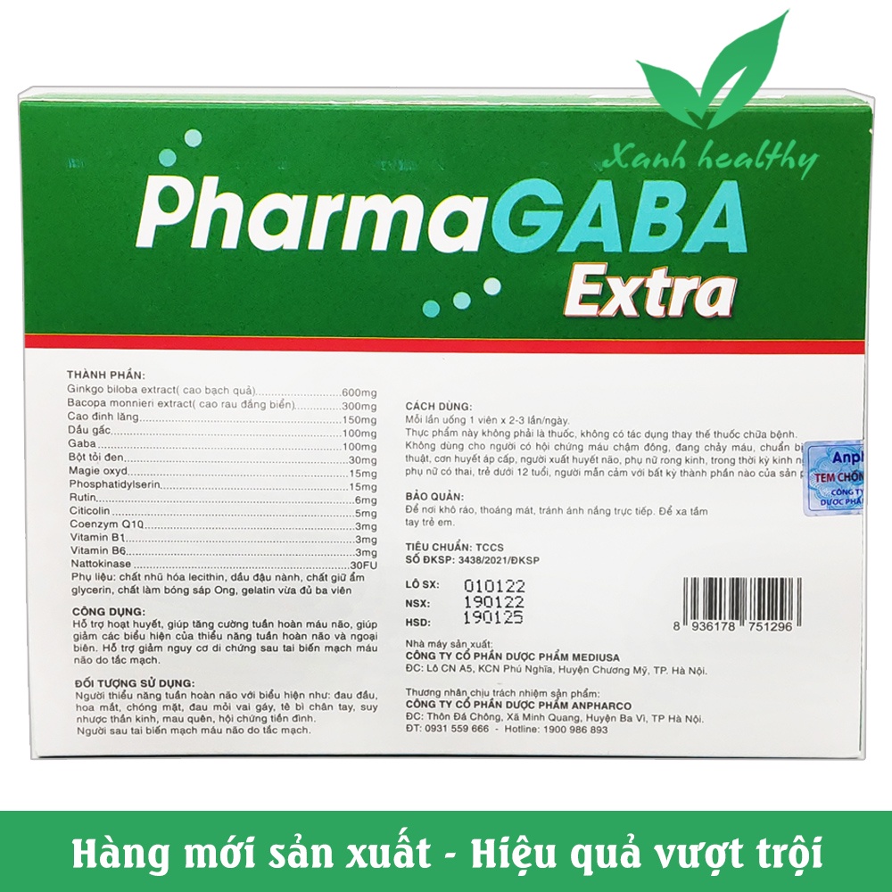 Hoạt huyết dưỡng não Pharma GABA Extra - giảm đau đầu, hoa mắt, chóng mặt, rối loạn tiền đình - Hộp 100 viên