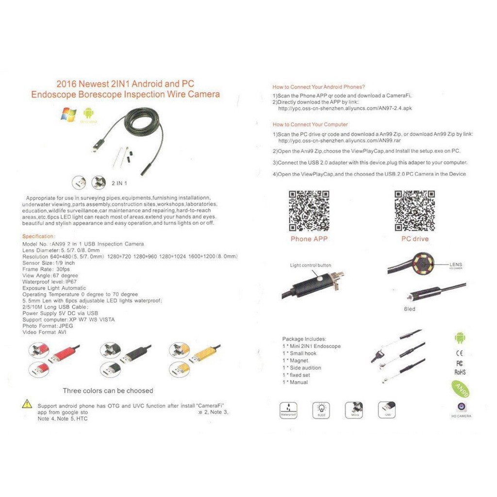 Camera Nội Soi 7mm Android Pc Hd Chống Nước Kết Nối Usb