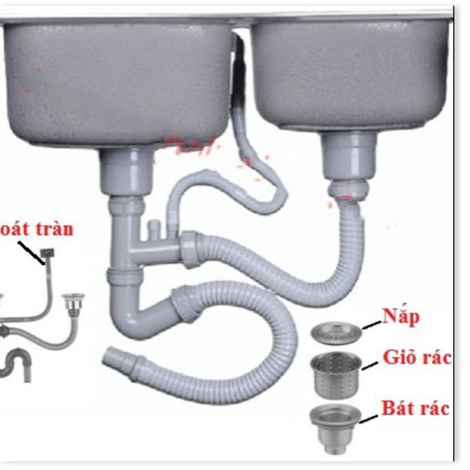 Bộ thoát nước đầy đủ cho bồn rửa chén 2 hộc, bầu lọc rác rộng 11cm