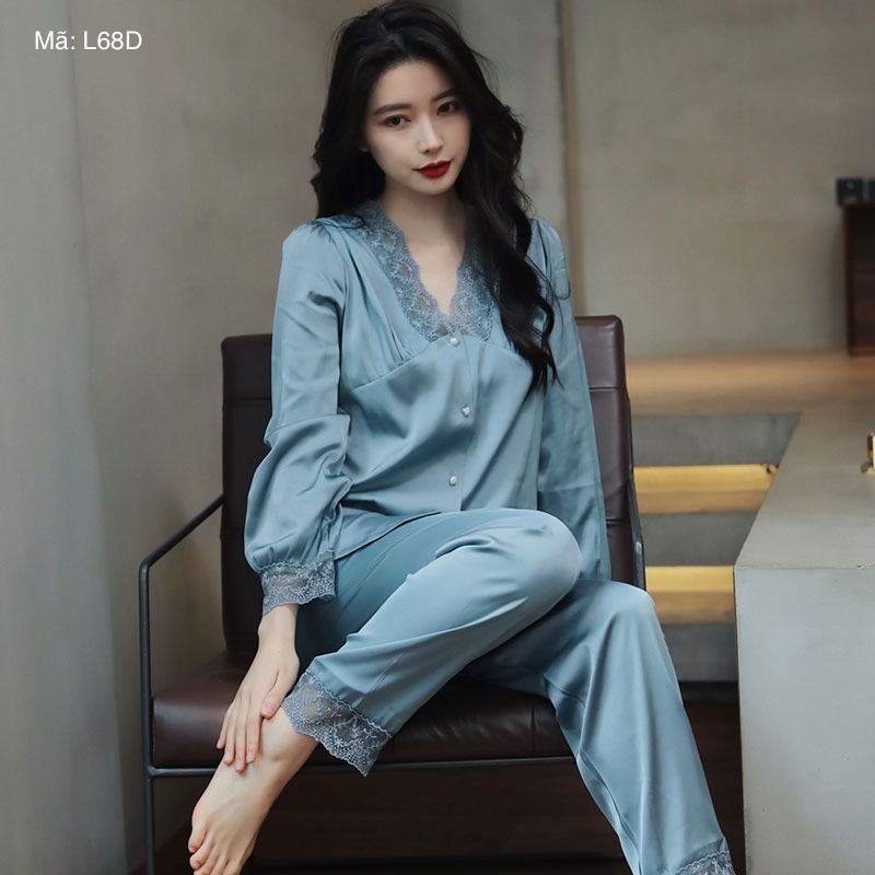 Bộ đồ mặc nhà pijama lụa phối ren cao cấp dài tay nữ tính mềm mịn, mát khi mặc