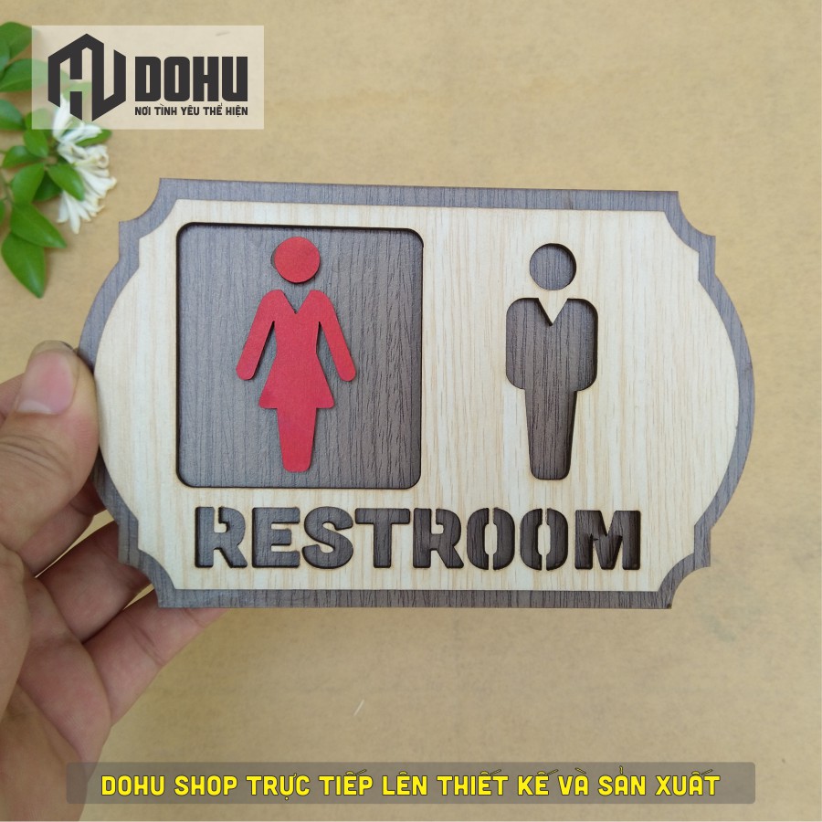 Bảng Restroom Treo Nhà Vệ Sinh, Nhà Tắm, Toilet, WC [DOHU322] Làm Bằng Gỗ Cắt Laser 3D Chìm Nổi (Có băng keo 2 mặt)