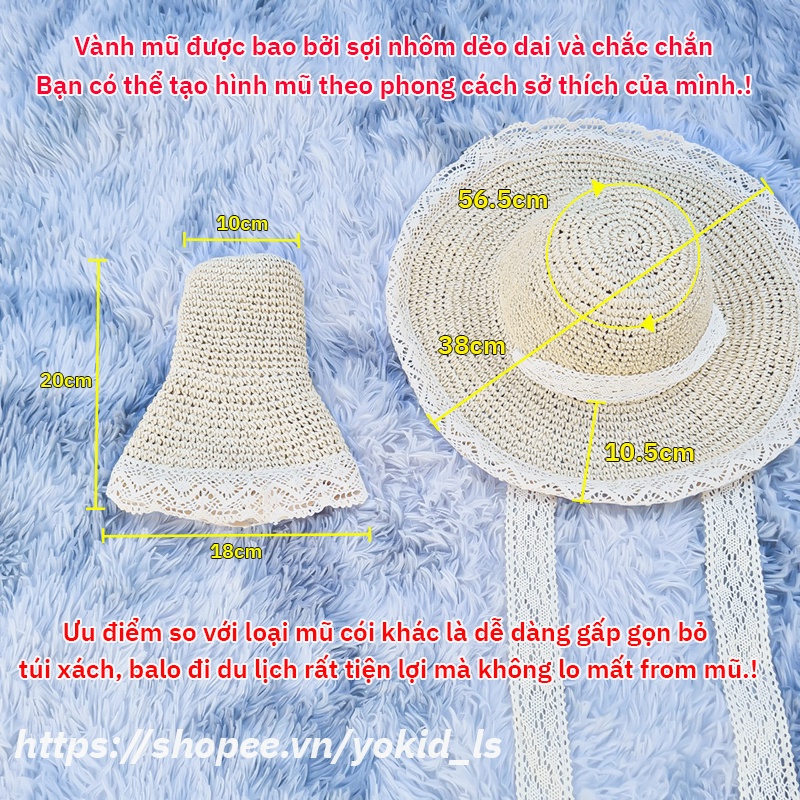 Mũ cói nữ đi biển nón rộng vành nửa đầu chống nắng thời trang cao cấp tiểu thư có dây buộc