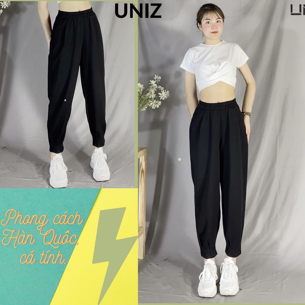 Quần Jogger Nữ Bo Gấu Túi Nắp UNIZ (Màu Đen Q457), Unisex, Cạp Cao, Dáng Dài, Form Rộng, Bo Chân, Vải Đũi, Mềm Nhẹ,
