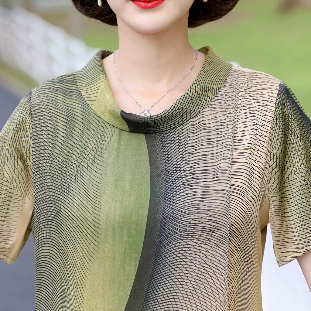 Đầm Chiffon Dài Đến Đầu Gối Dáng Rộng Tay Ngắn Cổ Tròn Thoáng Khí Màu Xanh Navy Xanh Lá Cây Cl