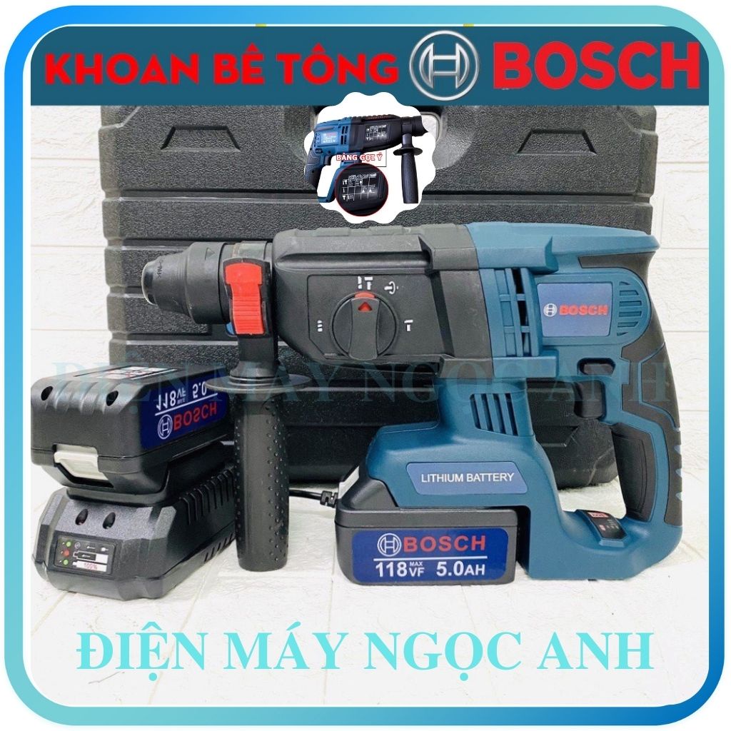 Máy khoan pin bê tông cầm tay không chổi than BOSCH 118V chính hãng- 2 Pin 10 cell đa chức năng đục tường