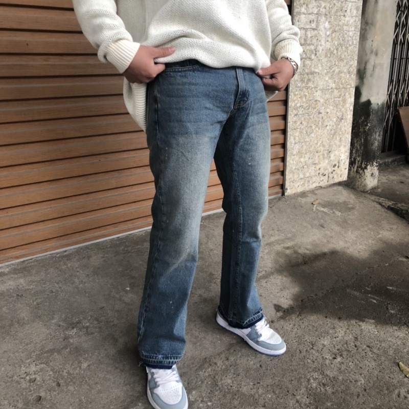 Quần jeans xanh mài vẩy sơn, quần ống loe cao cấp
