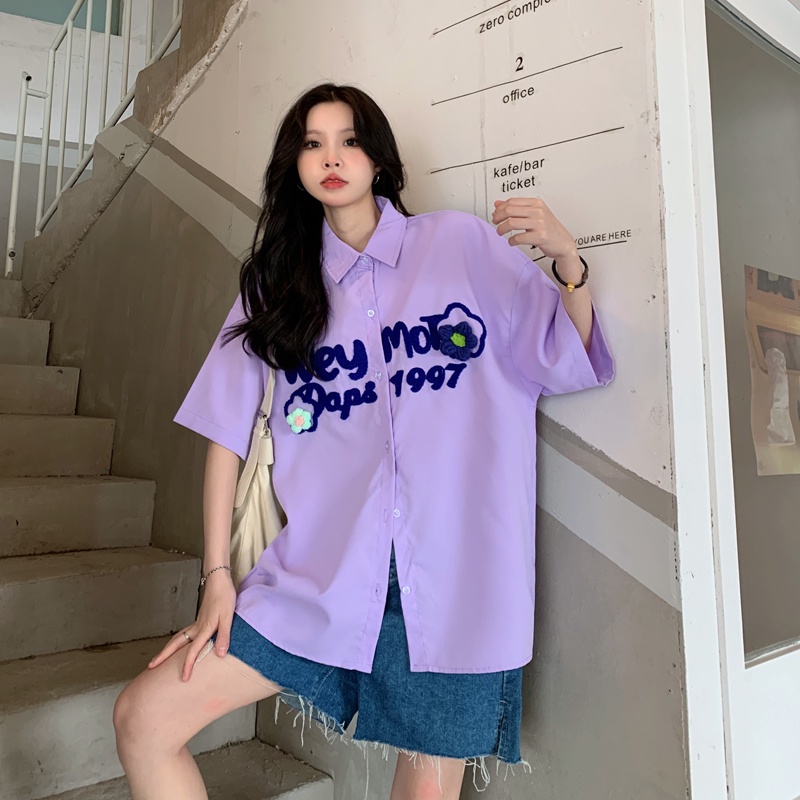 Ethelgirl Áo Sơ Mi Cổ Vuông Tay Ngắn Dáng Rộng In Chữ 4 Màu Thời Trang Hàn Quốc Cho Nữ
