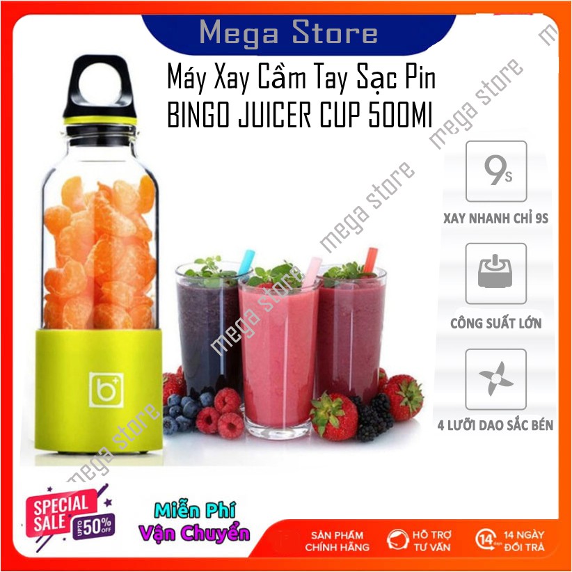 💥Bảo Hành 12 Tháng💥 Máy Xay Sinh Tố Cầm Tay Mini Sạc Pin 4 Lưỡi BINGO JUICER CUP 500Ml, Siêu Tiện Dụng Cho Mùa Hè 2021