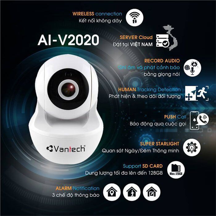 Camera IP wifi robot Vantech V2010 2.0 Megapixel, đàm thoại 2 chiều, báo động qua điện thoại, MicroSD, P2P