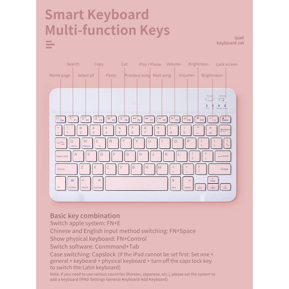 Mini Wireless Bluetooth Colorful Keyboard Mouse Rechargeable Multimedia Portable For