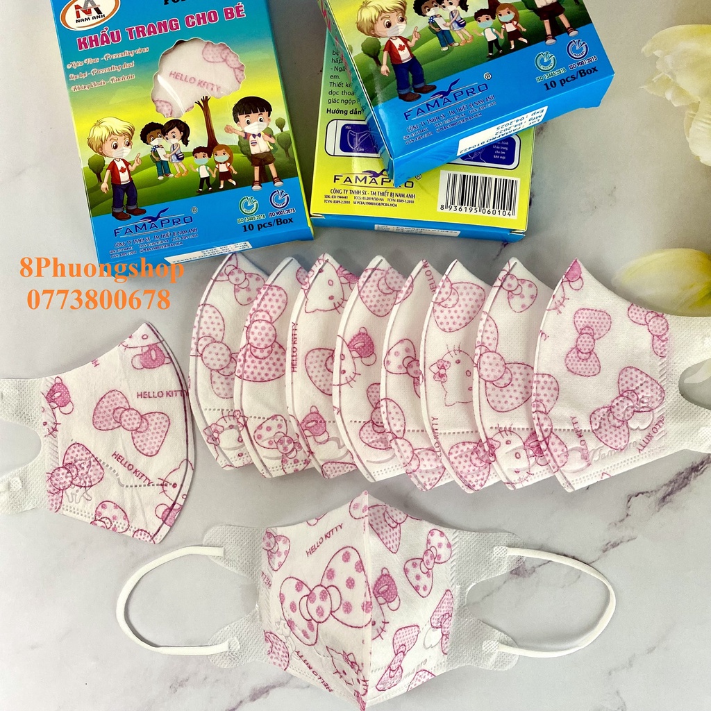 Khẩu Trang cho bé 5D KIDS FAMAPRO kháng khuẩn IN HOẠ TIẾT Đoremon / Kitty / Gấu Trúc / Kì Lân / Vịt Donald 10 cái/ hộp