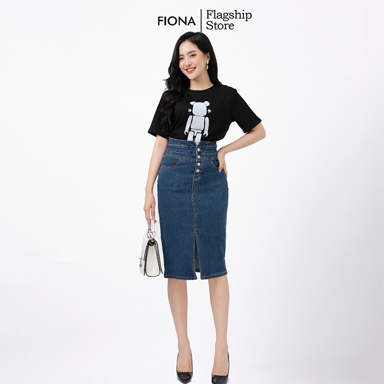 Chân váy bò dáng ôm cạp cao, chân váy Jeans xẻ trước FIONA B242003