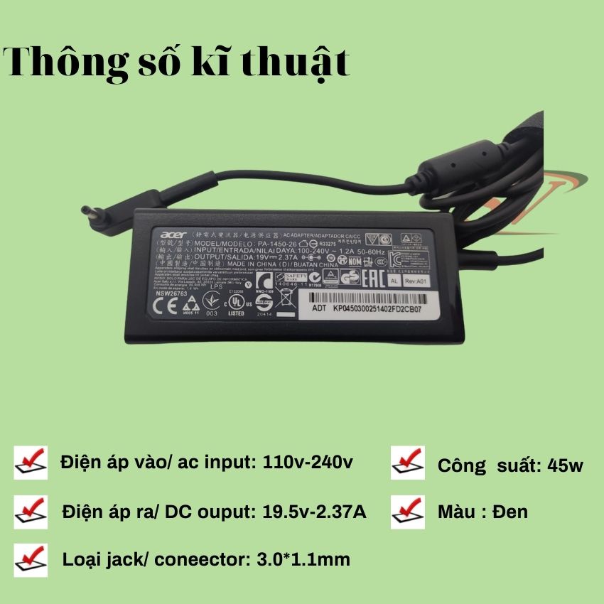 Sạc acer 45W - 2,37A savintech, sạc máy tính acer chân nhỏ bảo hành 12 tháng