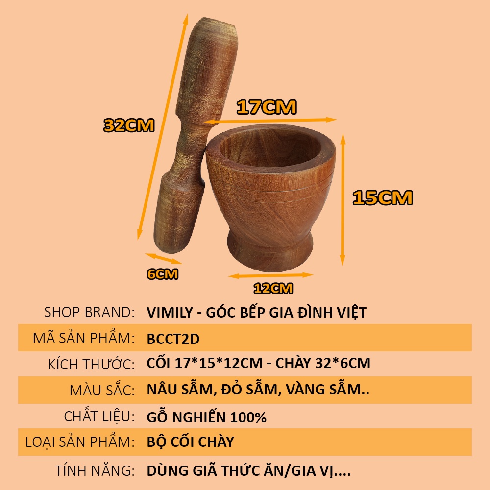 Cối chày gỗ nghiến Tây Bắc núi đá giã thức ăn gia vị VIMILY kích thước 17cm