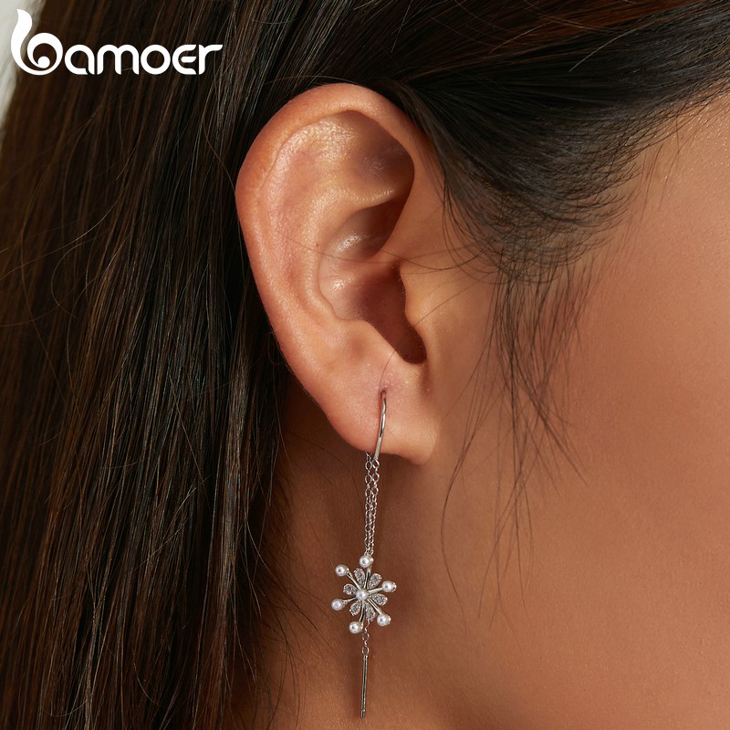 BAMOER 1 Đôi Bông Tai Bạc 925 Hình Bông Tuyết Thời Trang Cho Nữ Sce1305