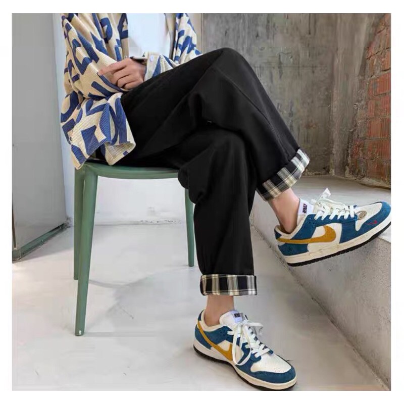 Quần Kaki Baggy ống suông sắn gấu Caro nam nữ Ulzzang