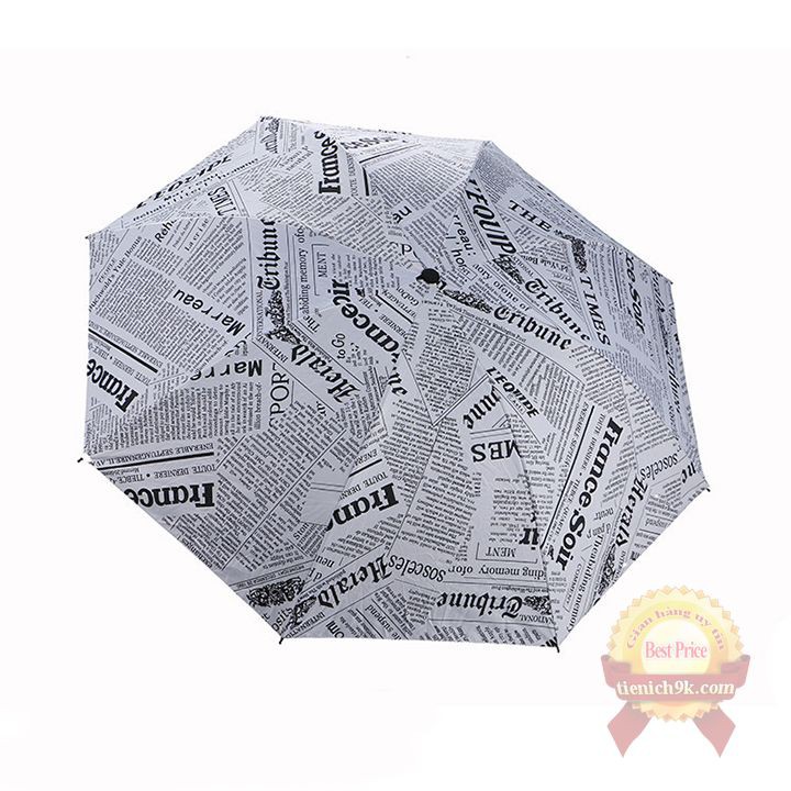 Ô dù che mưa nắng 3 lớp chống tia UV 8 nan kép họa tiết retro giấy báo Hàn Quốc nhỏ gọn trắng đen xanh than