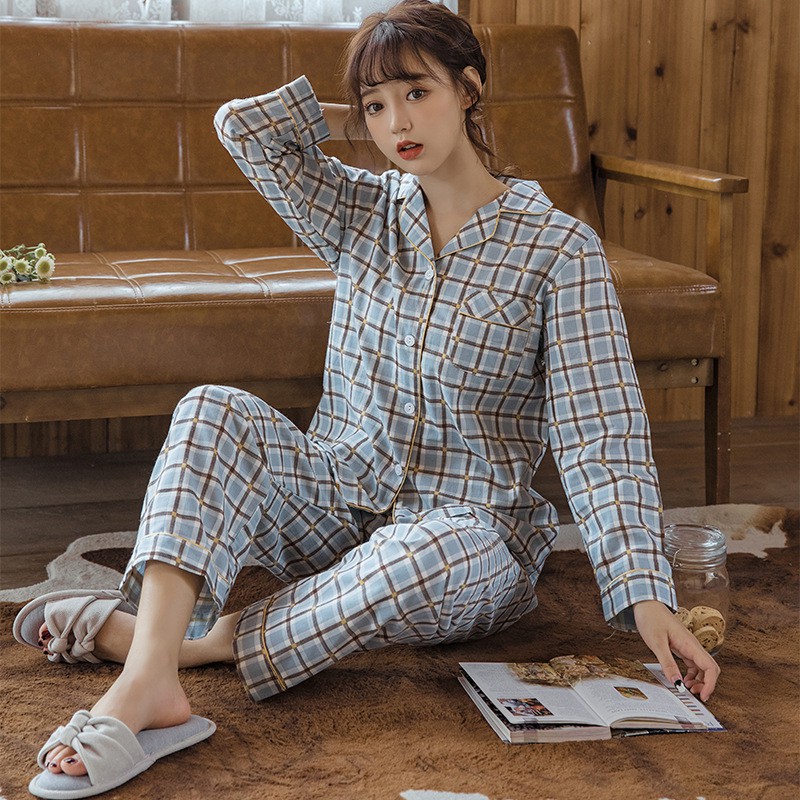 Set đồ ngủ pajama áo chữ V + quần dài thời trang cho nữ