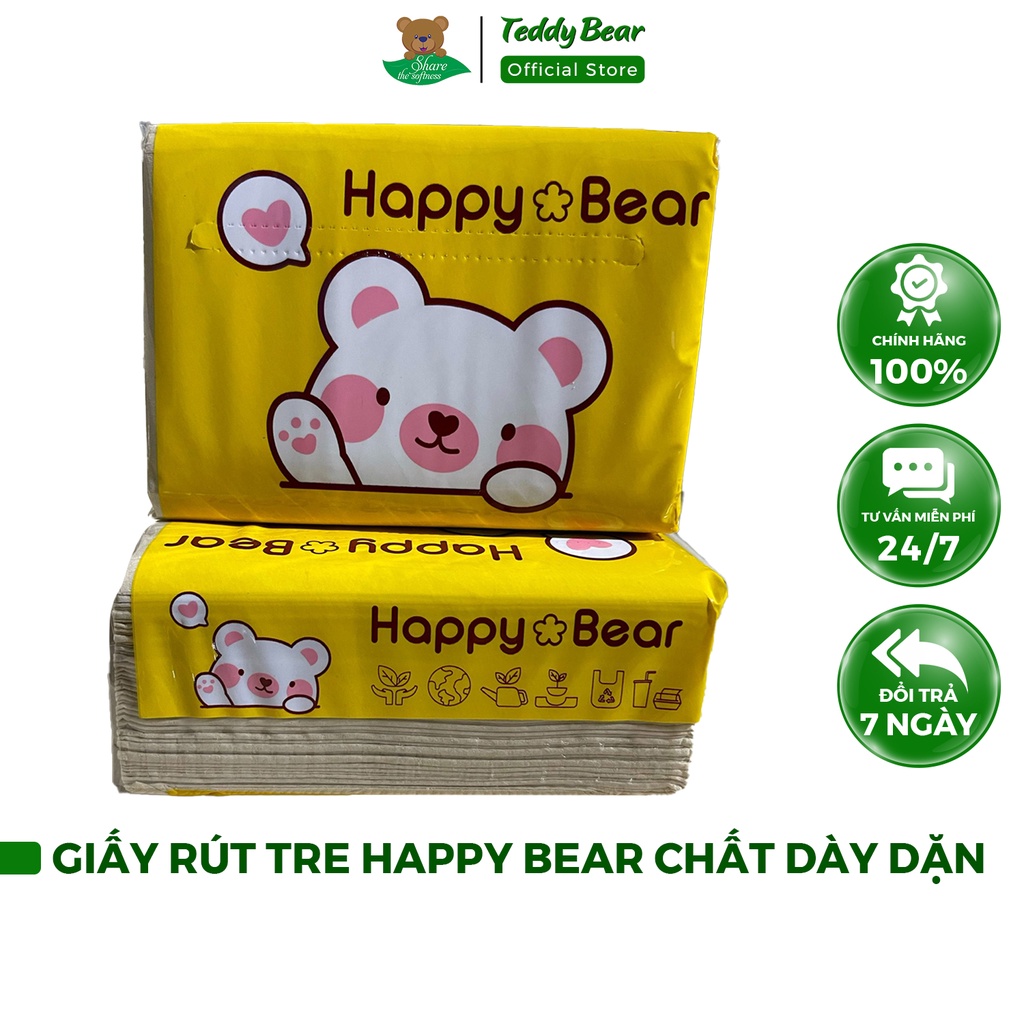 Khăn Ăn Rút Tre 24 Gói HAPPY BEAR VÀNG Mềm Mịn 3 lớp