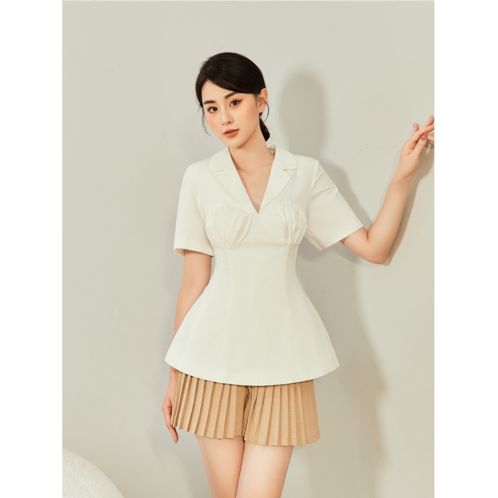 Áo sơ mi tay ngắn chiết eo xếp ngực , Peace House Clothing