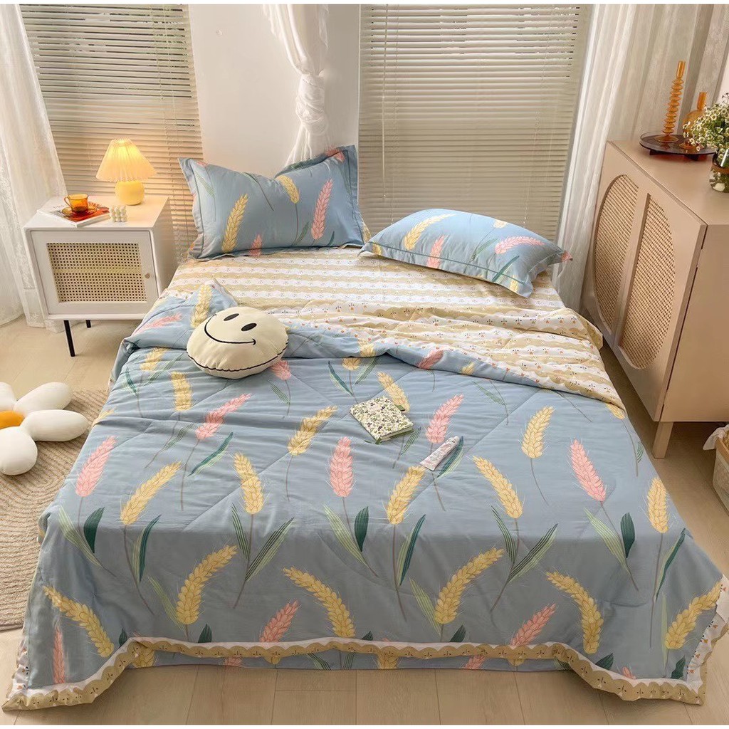 Bộ chăn ga gối cotton 100% ,chăn chần hè [mềm trần] đủ kích thước 1m6,1m8,2m2