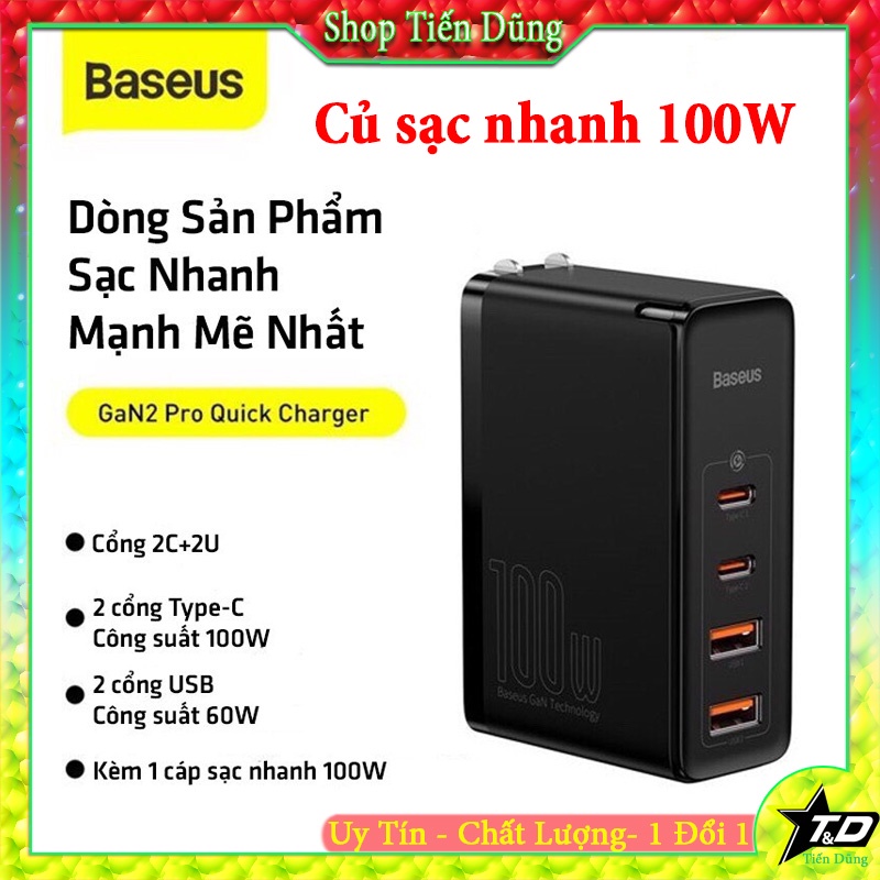 Củ sạc nhanh 100w baseus GaN2 pro PPS , PD 3.0 + QC 4 sạc nhanh điện thoại, laptop thiết kế nhỏ gọn chính hãng.