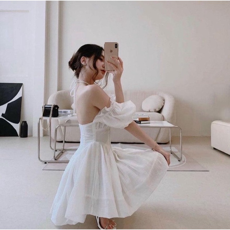 Váy đầm trễ bẹt vai dây rút nhún ngực dáng xoè tiểu thư - by SGGz