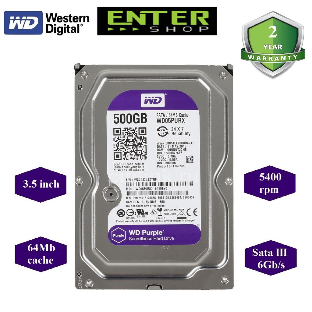 [Mã ELCLMAY giảm 7% đơn 500K] Ổ cứng HDD 3.5inch WD Tím 500Gb Sata3 5400 dòng 64mb cache