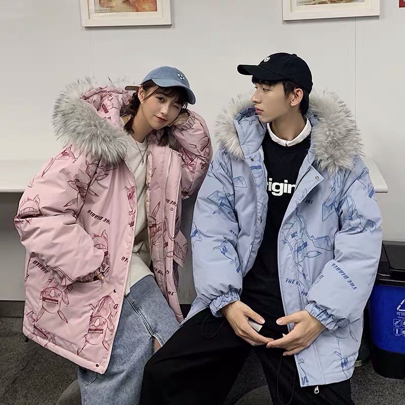 Áo khoác phao đôi couple oversize form rộng mũ lông Ulzzang unisex hoạ tiết siêu cute ❤️