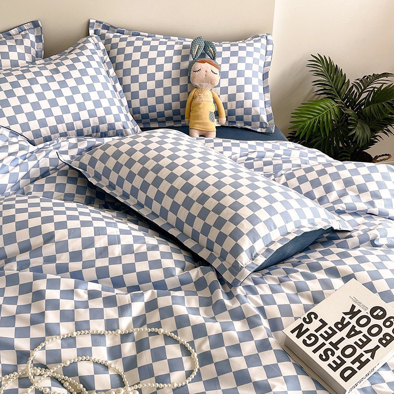 Bộ chăn ga gối Cotton poly M2T bedding, vỏ chăn mền, drap nệm và 2 vỏ gối nằm - PL Bàn cờ vua xanh dương