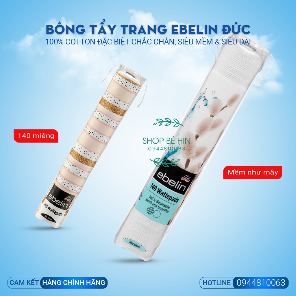 Bông tẩy trang Ebelin Đức 100% cotton siêu mềm, siêu dai, không bị vụn bông