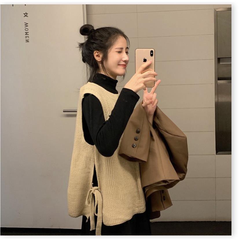 Hàng Chuẩn- Áo len gile thắt nơ hai bên dáng dài rộng ulzzang 524 -A12d hot