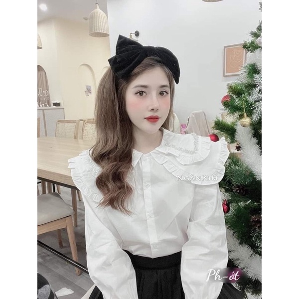 Áo kiểu cổ sen 2 lớp đính full hạt đường may chắc chắn vải dày nặng tay hàng chuẩn shop nha ce ơi
