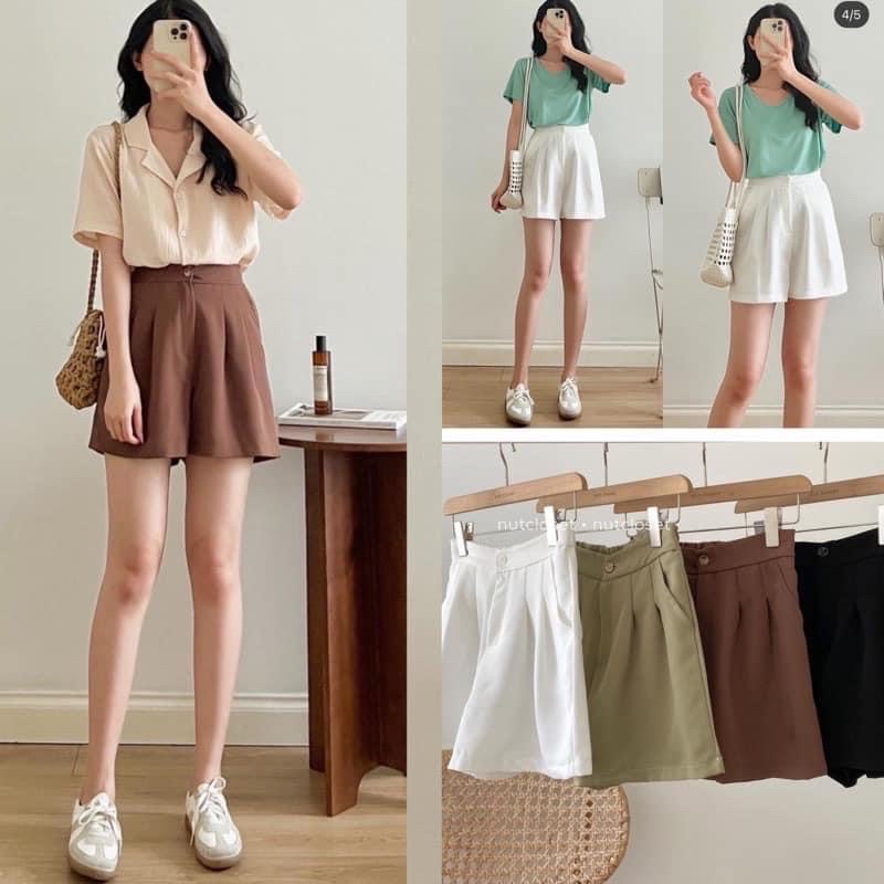 Quần short nữ CẠP CAO ống rộng chun lưng xếp li