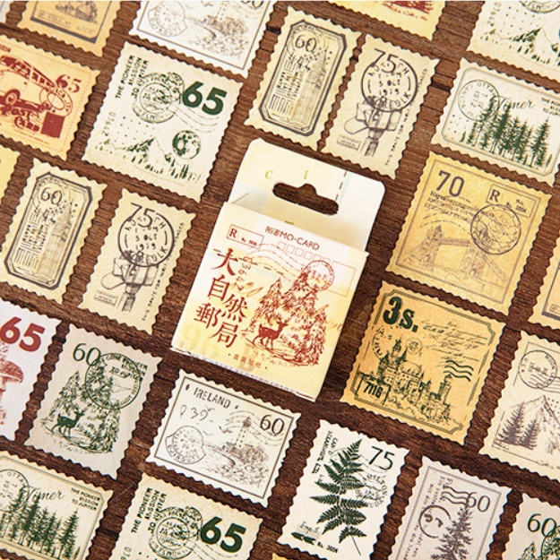 Hộp 45 miếng sticker mẫu tem hình cây thông và thực vật trong rừng