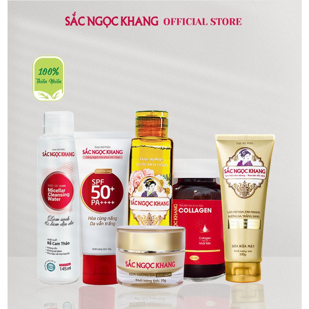 Combo Dưỡng mờ nếp nhăn -Da căng sáng mịn Sắc Ngọc Khang 6 món [Collagen+ Kem10g+Tẩy trang+Hoa hồng+Chống nắng+SRM 100g]