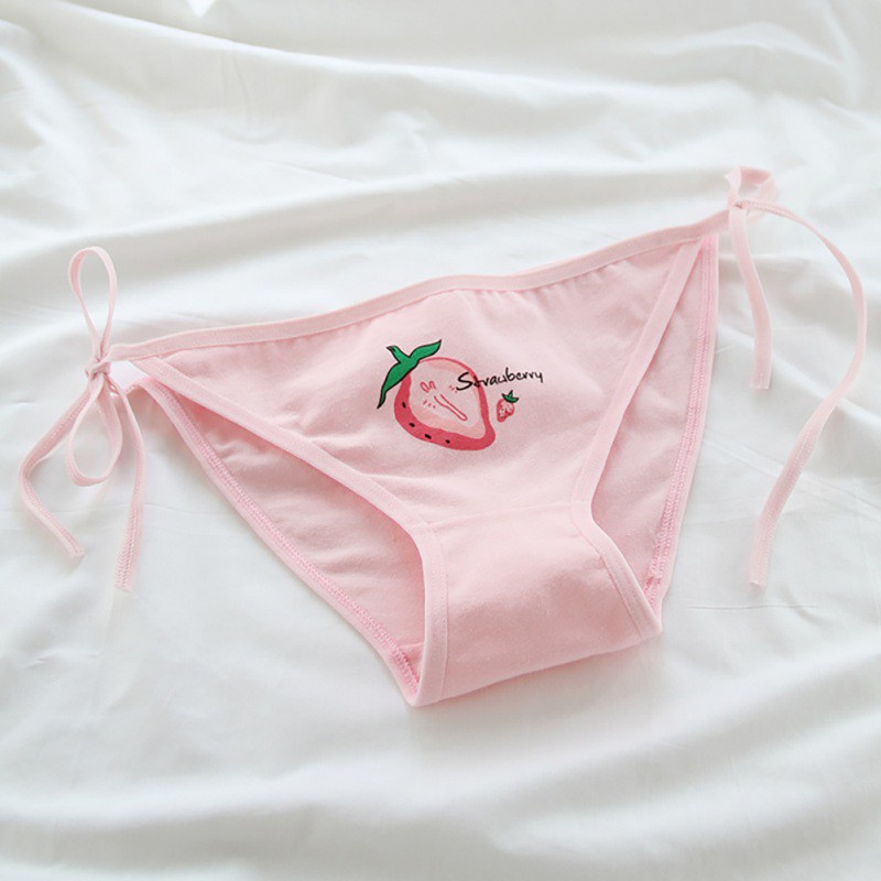 Strawberry Printed Lace-Up Cotton Briefs Comfortable Low Waist Panties For Women