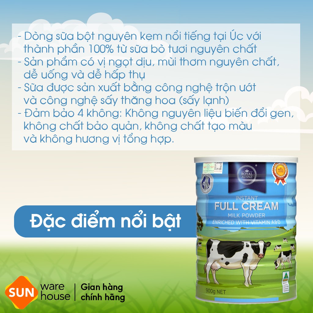 Sữa Bột Hoàng Gia Úc Nguyên Kem Vitamin A&amp;D Full Cream Royal Ausnz 900g