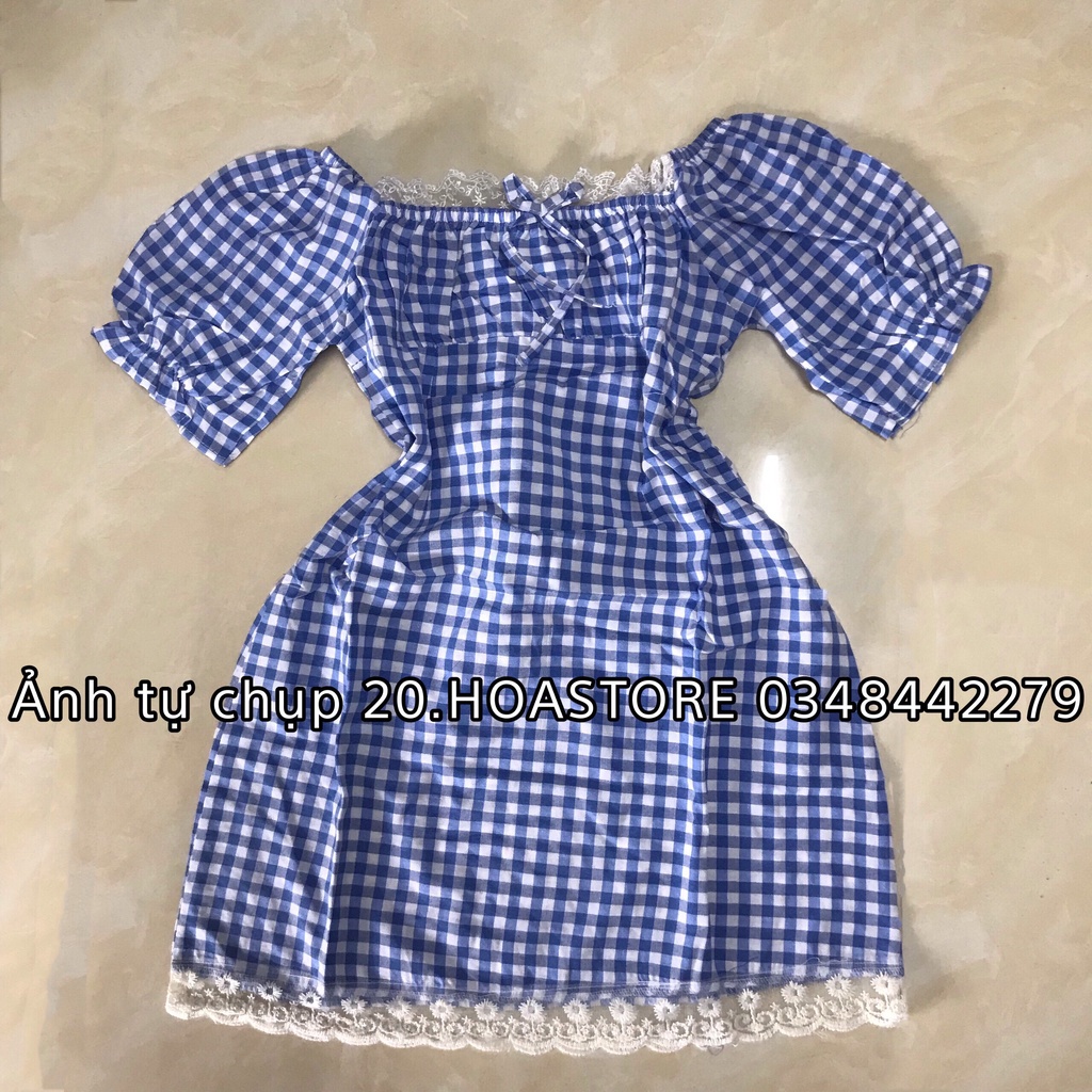 Váy Cổ Vuông Caro Xanh Thắt Nơ Ngực Mix Ren - Đầm Trễ Vai Tay Phồng Kẻ Xanh Buộc Eo GenZ Mặc 2 Kiểu
