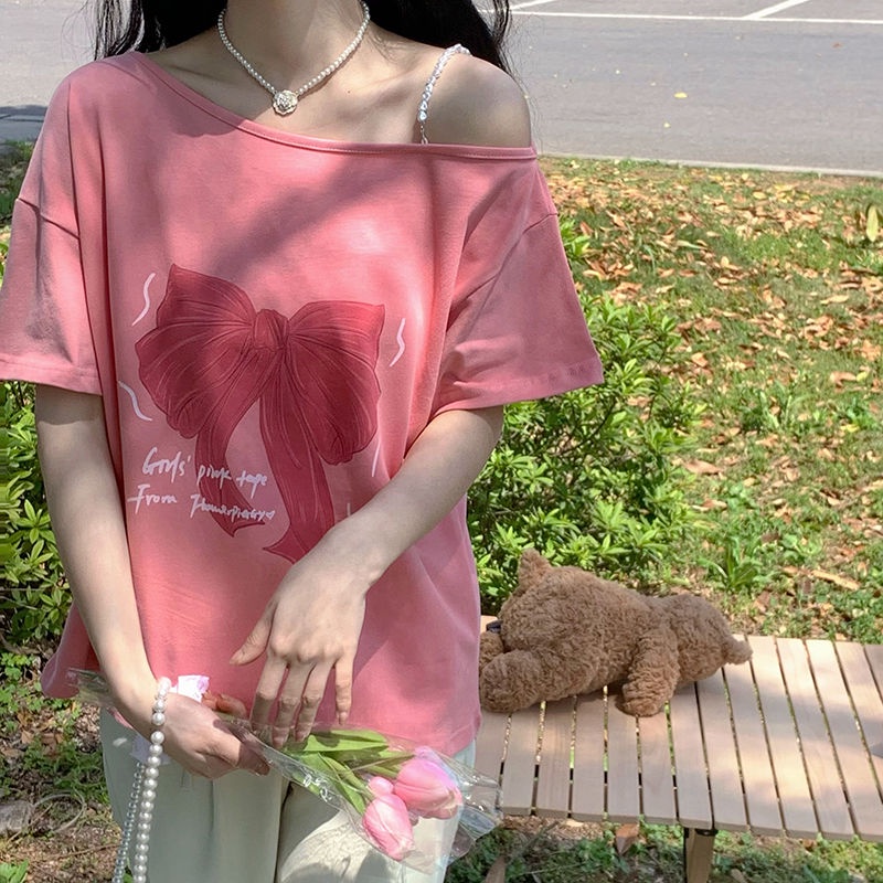 COZOK Áo Thun Tay Ngắn Dáng Rộng Trễ Vai In Hình Bướm Dễ Thương