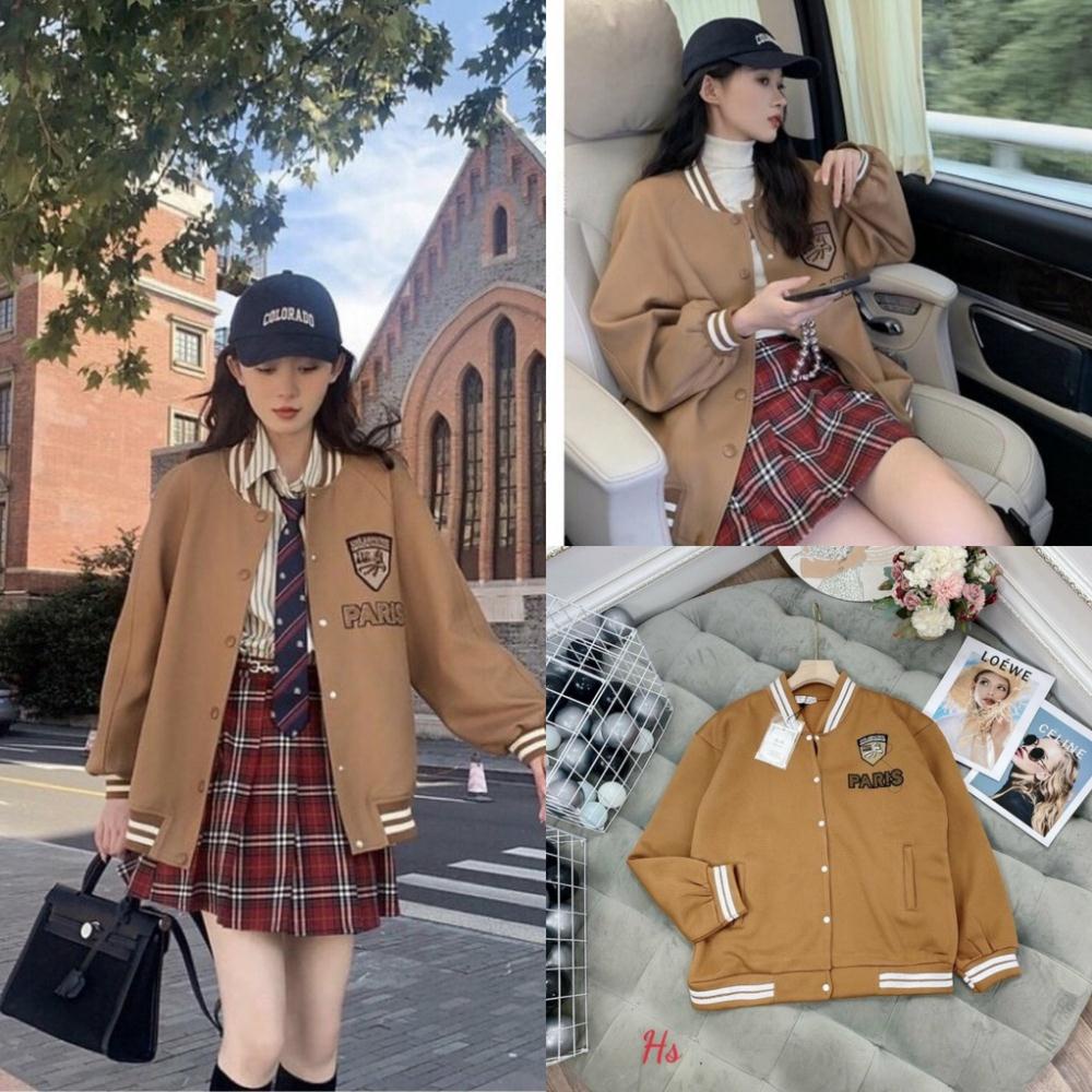 Áo Bomber Ulzzang nâu nữ Paris ngực cúc bấm dưới 65kg - dáng rộng thêu Logo G0126 # Uy Tín