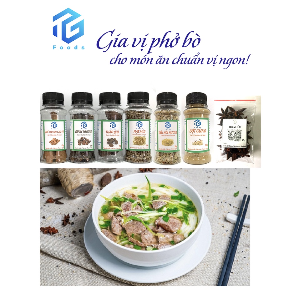 Gia vị Phở Bò Truyền Thống 7 vị TG FOODS:Thảo quả khô, hạt mùi, đinh hương, tiểu hồi hương, hoa hồi , quế, gừng