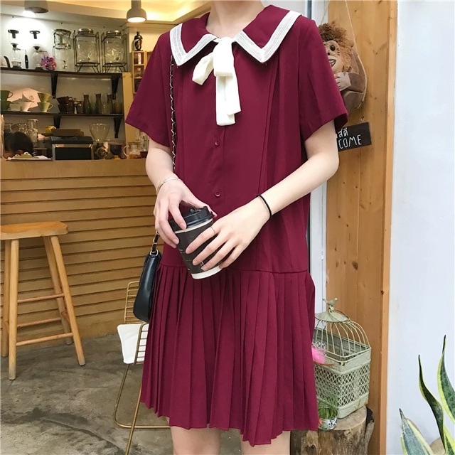 Bigsize M-4XL Đầm cổ viền ren phối nơ, chân xếp li siêu xinh 2019 ullzang