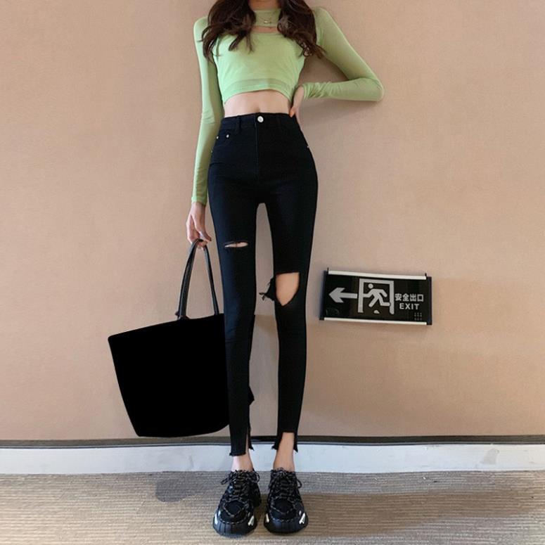 Quần jean nữ   quần bò đen nữ rách xẻ đùi jeans SKINNY co giãn phong cách