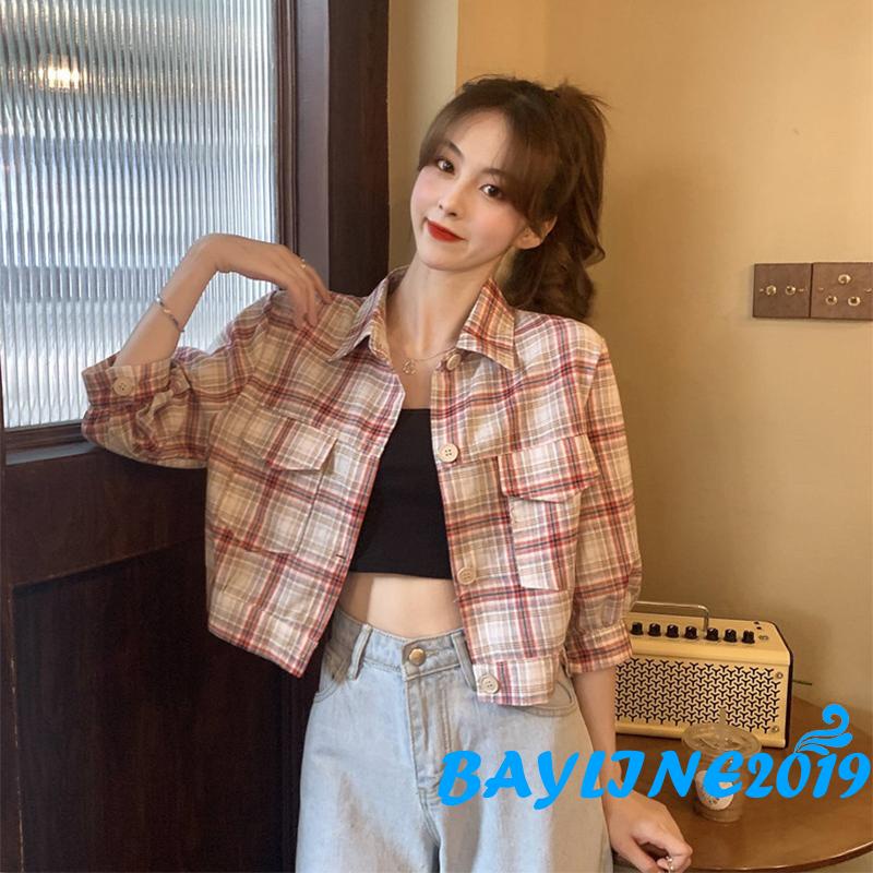 Áo Khoác Nữ Ca Rô Dài Tay Cổ Bẻ Thời Trang Hàn
